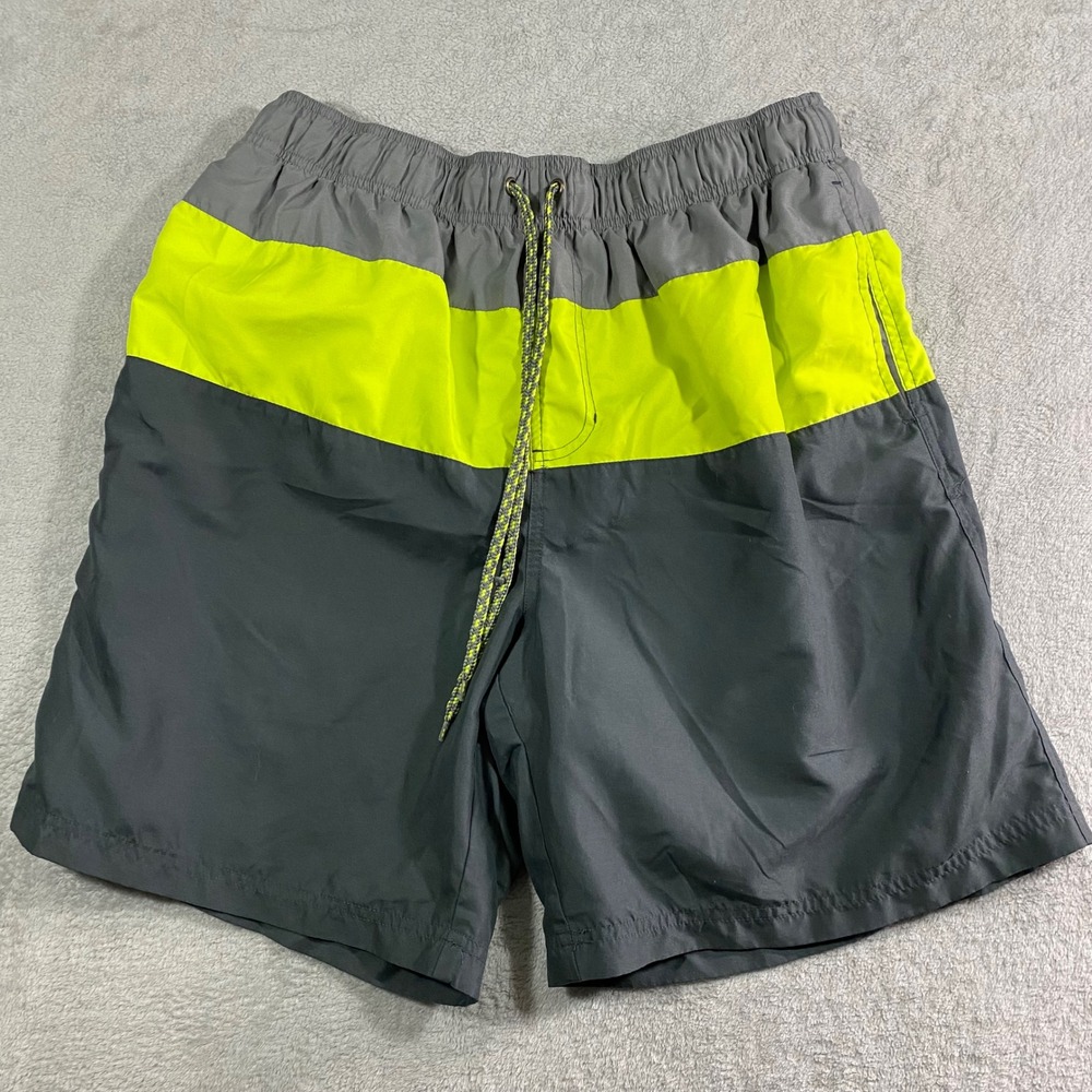 Ocean Pacific Swim‎ Trunks Mens Large L Grey Neon Yellow Colorblock OMI6322Y